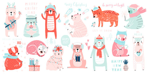 Poster - Christmas set with Cute Bears celebrating Christmas eve, handwritten letterings and other elements. Funny characters.