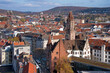 Stadtansicht Saarbrücken, Deutschland. Panorama von oben mit historischem Rathaus