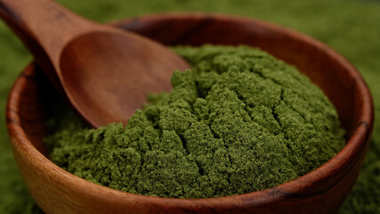 Poster - superfoods chlorella or spirulina powder in wooden bowl. green powder