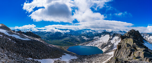 Panoramic views of the Hohe Tauern in Austria. Schobergruppe, Eissee lake, Petzek, Petzeckscharte, Kruckelkopf, Austrian Alps, Europe