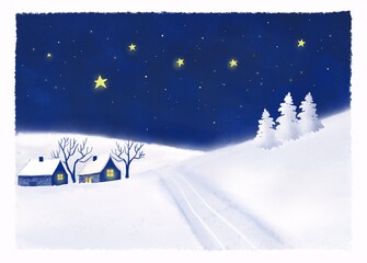 Christmas landscape inspired by Ukrainian art. Night in the village  with snow and stars. The road is leading to the houses with a sled print in snow.