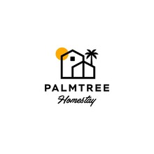 House With Palm Tree Logo Vector, Tropical Beach Home Or Hotel Icon Design Illustration