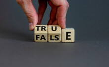 False Or True. Male Hand Flips Wooden Cubes And Changes The Word 'false' To 'true' Or Vice Versa. Beautiful Grey Background, Copy Space. Business And False Or True Concept.
