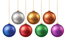 Collection Of Vector Shiny Colorful Realistic Hanging Christmas Baubles Isolated On White Background