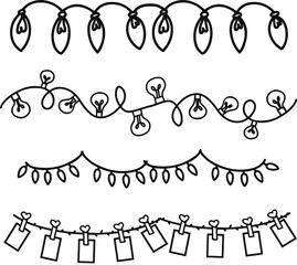 Garlands drawing set for Christmas on a white background with black contour Christmas elements. Beautiful pattern for luxury gift wrapping paper, t-shirt, greeting cards 2021