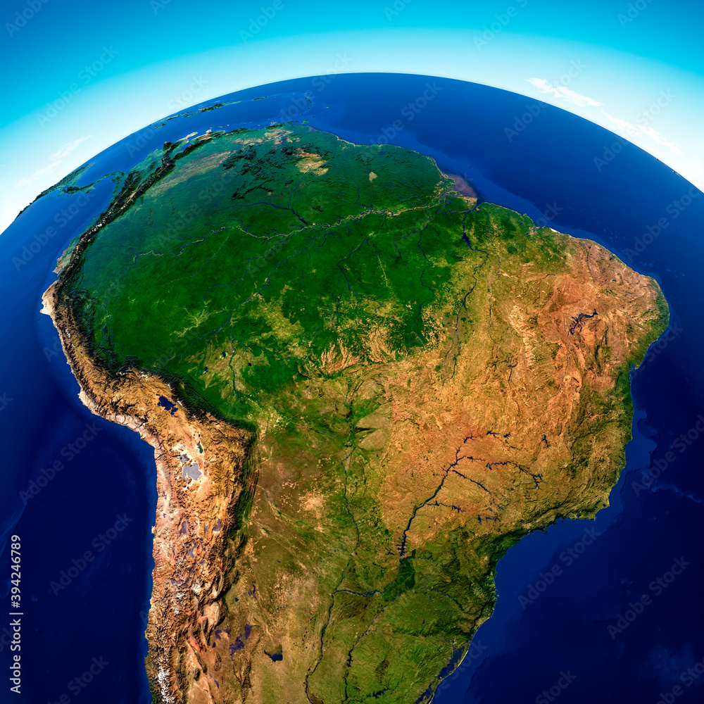 Satellite view of the Amazon rainforest, map, states of South America ...