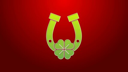 Sticker - Green line Horseshoe with four leaf clover icon isolated on red background. Happy Saint Patricks day. 4K Video motion graphic animation