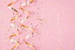 Partying concept. Top above overhead view close up photo of confetti isolated on patel pink background