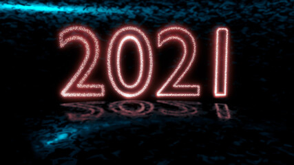 Close up of shiny red neon number 2021 over ice blue reflective ground.  Happy new year 2021.