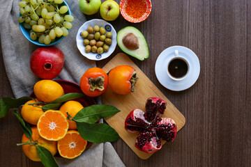  olives, avocado, pomegranate, tangerines and black coffee