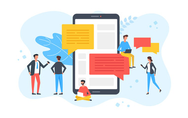 Social media. Group of people with miscellaneous devices such as mobile phones and laptops. Online messaging, texting, chat, technology, communication concepts. Modern flat design. Vector illustration