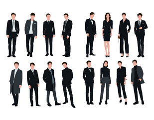 Wall Mural - Vector of young businessman and women with suit, Business people, group of men and women, wearing working outfit, standing in white background