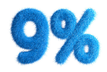 Poster - 9% made from fur, fur font, 3d alphabet. Special offer nine percent off discount tag. 3d illustration.	