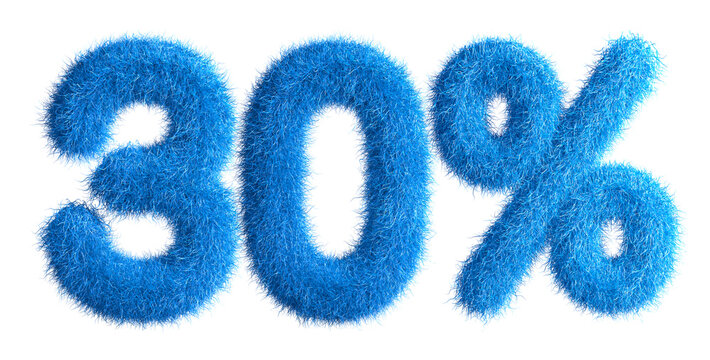 30% made from fur, fur font, 3d alphabet. Special offer thirty percent off discount tag. 3d illustration.	