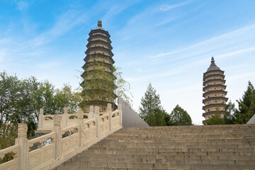 Two ancient pagodas are in the temple, Taiyuan, Shanxi Province, China