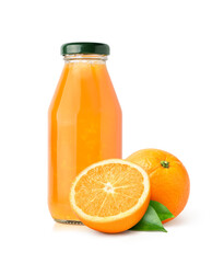 Canvas Print - 100% Natural orange juice with sacs and orange fruit isolated on white background.