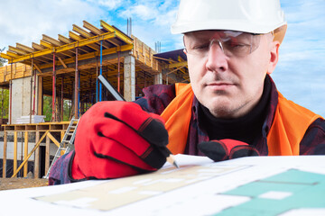 Poster - engineer on a construction site. a man makes notes in the construction documentation against the bac