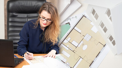 Poster - the architect is developing a project for a new house. the girl works in an architectural and constr