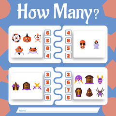 How many halloween object work sheet for kindergarten. Preschool activity task.