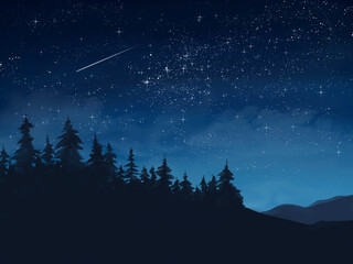Wall Mural - christmas night landscape, watercolor illustration