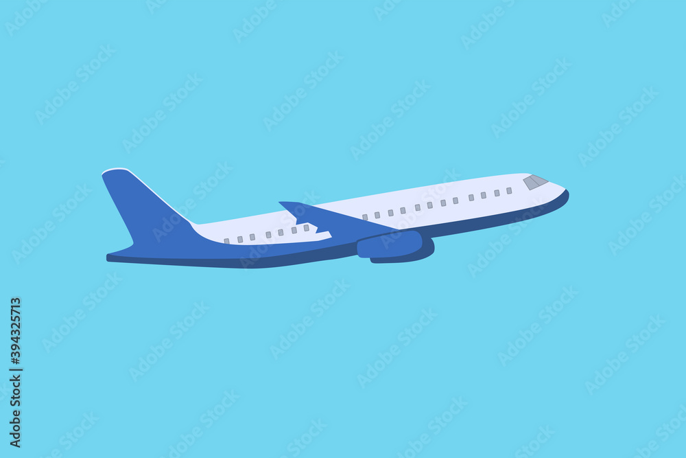 Passenger plane in flight on a blue background. Vector illustration of ...