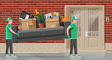 Wall Mural - Delivery character man movers carry sofa with household items. Porters carry couch isolated. Moving company with loaders and furniture. Delivery relocation service. Flat vector illustration