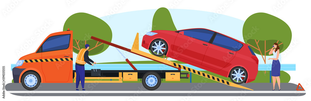 Car evacuation. The tow truck is transporting a broken car. woman ...