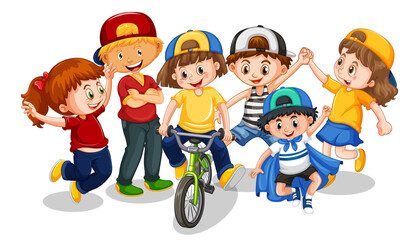 Group of young children cartoon character on white background