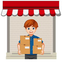 Poster - Man delivery package on white background