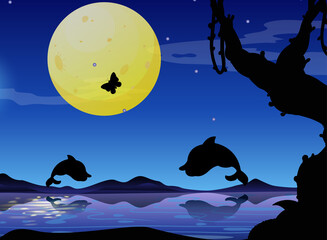 Wall Mural - dolphin in nature scene silhouette