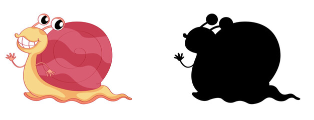 Poster - Set of snail cartoon character and its silhouette on white background