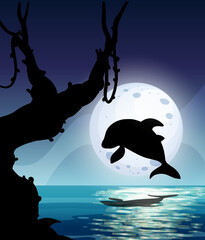 Wall Mural - dolphin in nature scene silhouette