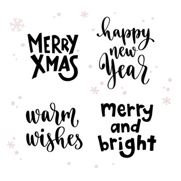 Christmas and Happy New Year quotes, holidays winter lettering set.