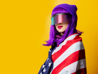 Wall Mural - Style woman in VR glasses and 80s tracksuit with USA flag on yellow background