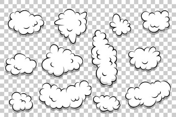 Comic book cartoon speech bubble for text. Cartoon puff cloud template on transparent background for text. Pop art dialog conversation funny smoke steam. Comics explosion symbol.