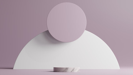 Minimal scene with white marble podium and abstract background round shapes. Purple colors scene. 3d rendering.