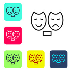 Canvas Print - Black line Comedy and tragedy theatrical masks icon isolated on white background. Set icons in color square buttons. Vector.