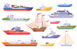 Set of maritime ships. Water carriage. Ships at sea, boat and yacht, cargo ships, ocean transport