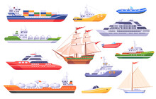Set Of Maritime Ships. Water Carriage. Ships At Sea, Boat And Yacht, Cargo Ships, Ocean Transport