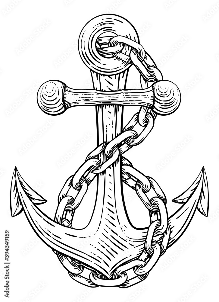 An Anchor From A Boat Or Ship With A Chain Wrapped Around It Tattoo Or Retro Style Woodcut Etching Drawing In A Vintage Style Obrazy Fototapety Plakaty Bajeczneobrazy Pl