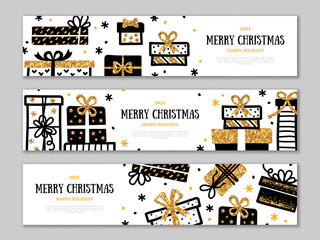 Wall Mural - Christmas and New Year 2021 horizontal banners set, border with gold and black gift boxes and confetti on white background. Vector illustration. Place for text. Party brochure template