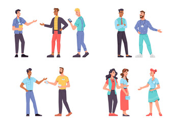 Poster - Set promoters, advertise and telling people isolated. Vector man and woman on conference, marketing managers giving information about goods. Stickman characters in casual cloth, advertisement workers