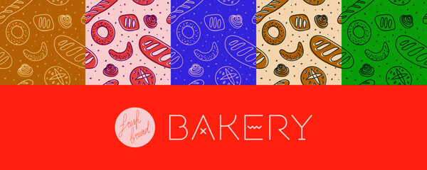 Wall Mural - Bakery shop background with hand drawn vector illustration. Cooking courses pattern. Multicolor bakery seamless pattern for pastry bread label design, bakeshop packaging, culinary blog, branding cafe.