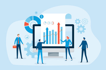 Fototapete - business people team analytics Data and research on web monitoring report dashboard monitor concept and finance investment graph report performance results with business meeting working concept