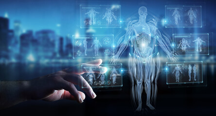 Fototapete - Man hand using digital x-ray human body holographic scan projection 3D rendering