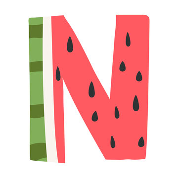 Watermelon in a form of letter N - fruit lettering design. Vector illustration.