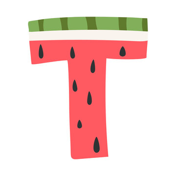 Watermelon in a form of letter T - fruit lettering design. Vector illustration.
