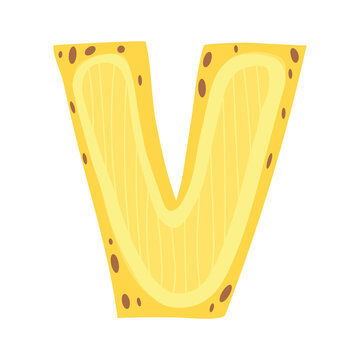 Banana in a form of letter V - fruit lettering design. Vector illustration.