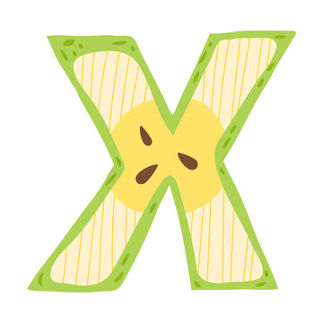 Apple in a form of letter X - fruit lettering design. Vector illustration.