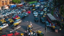 Time Lapse View Of Rush Hour Traffic At Busy Intersection In Mumbai, Maharashtra, India. 